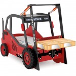 Pat cu Birou 2 in 1 pentru copii - MotoStivuitor cu Cupa cu LED-uri din lemn MDF - Patut mare forma de masina cu saltea inclusa